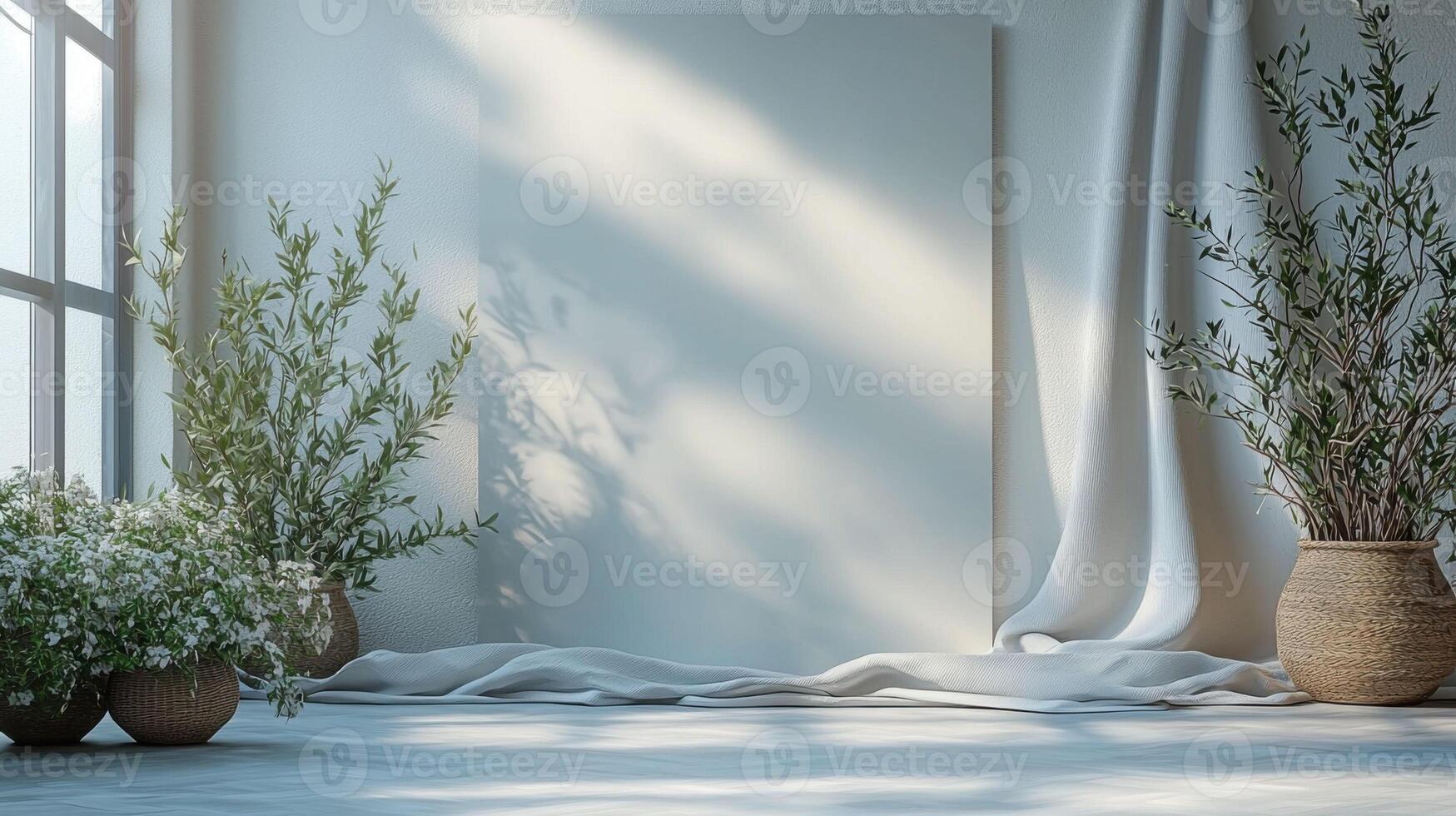 Minimalist interior with empty canvas, plants, and natural light photo