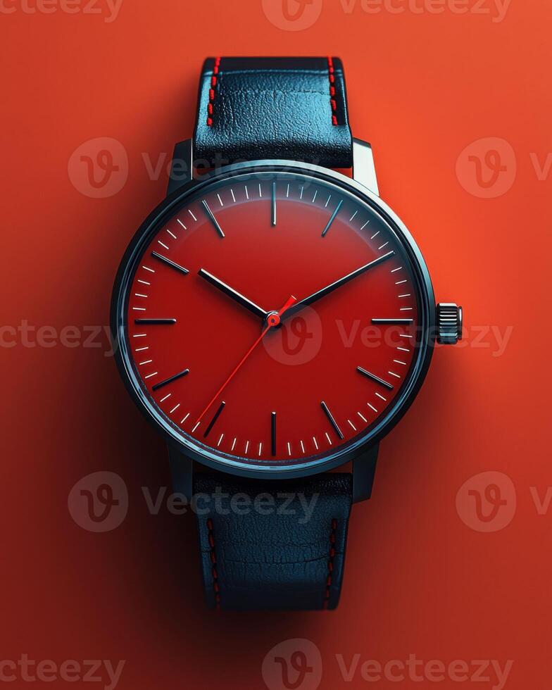 Elegant wristwatch with red dial and black leather strap, showcasing style photo