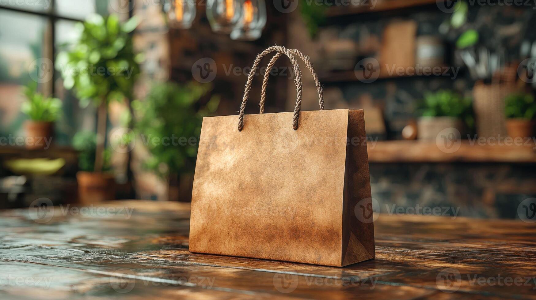 Customizable paper shopping bag on wooden table in cozy setting photo