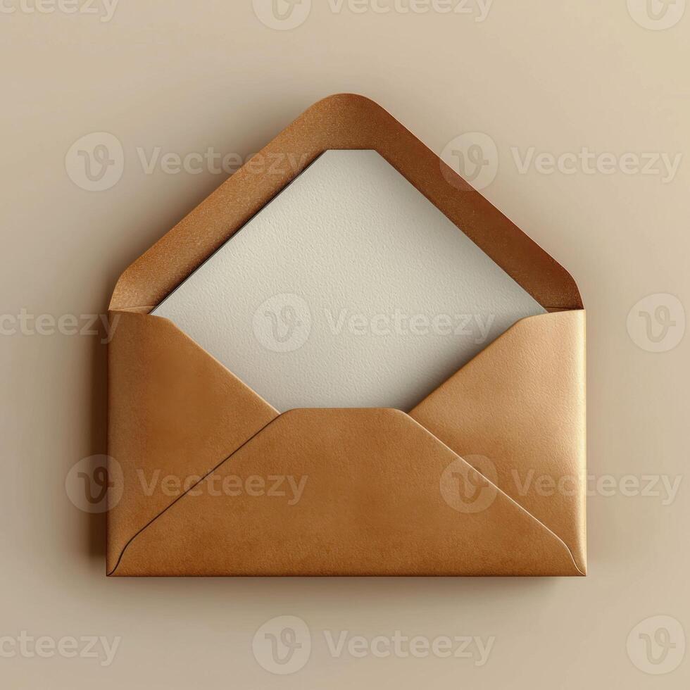 Elegant brown envelope with open flap, showcasing blank interior photo