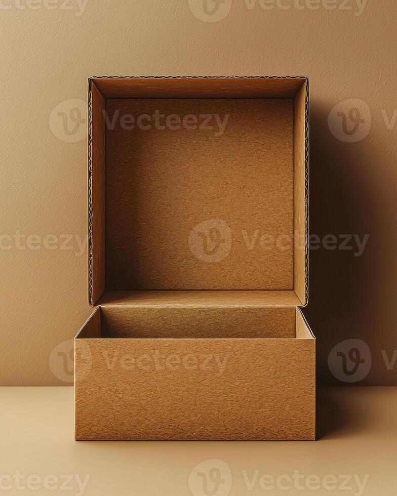 Empty cardboard box with clean design and warm background photo