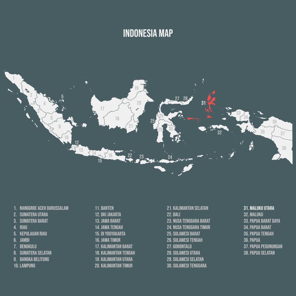 Indonesia Map with 38 Provinces - Maluku Utara vector