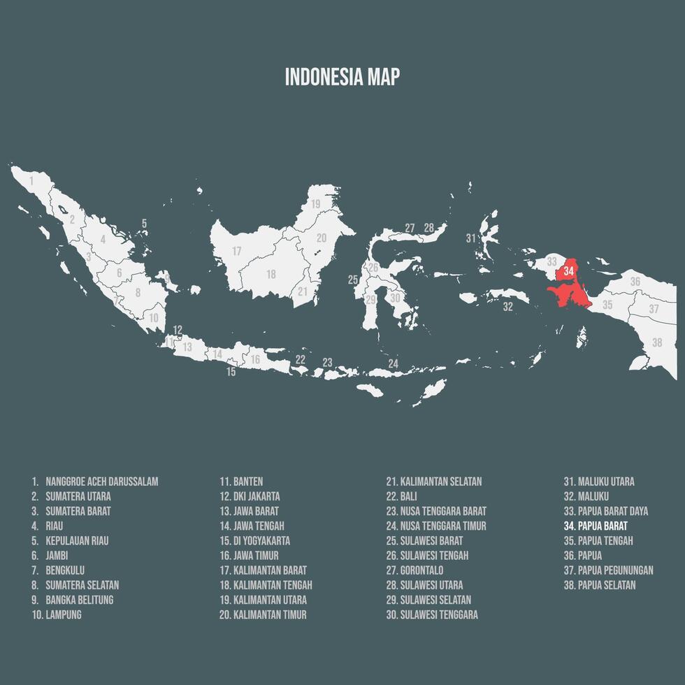 Indonesia Map with 38 Provinces - Papua Barat vector