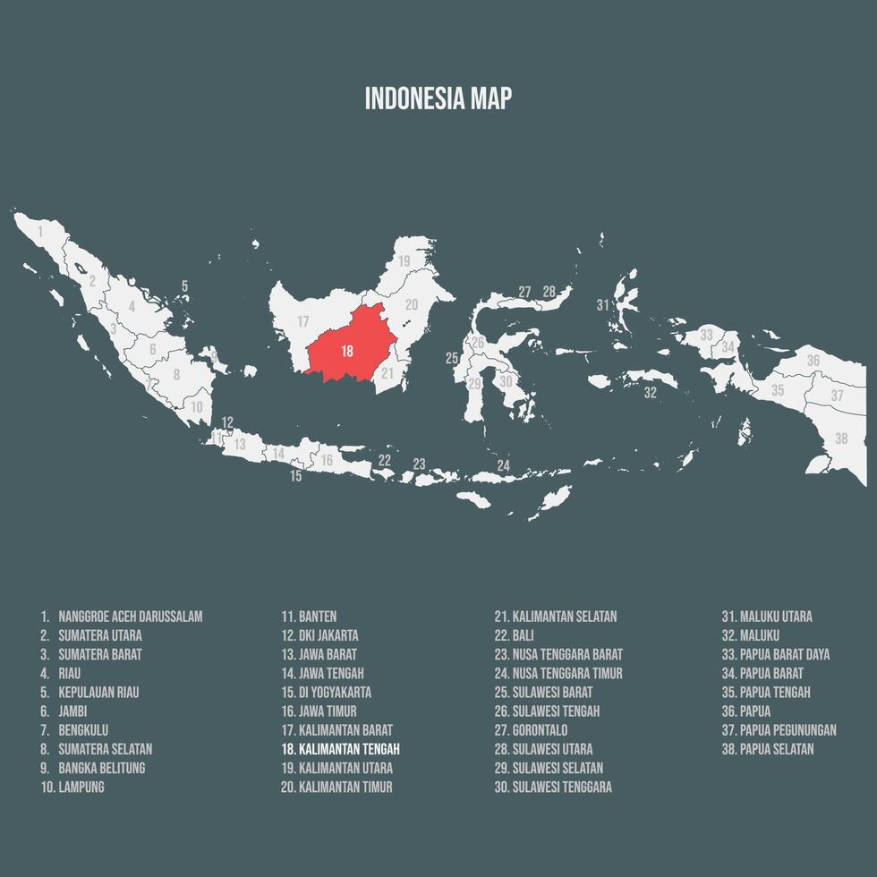 Indonesia Map with 38 Provinces - Kalimantan Tengah vector
