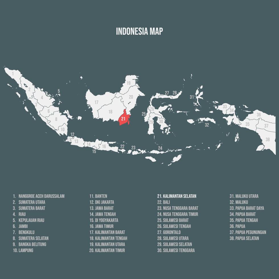 Indonesia Map with 38 Provinces - Kalimantan Selatan vector