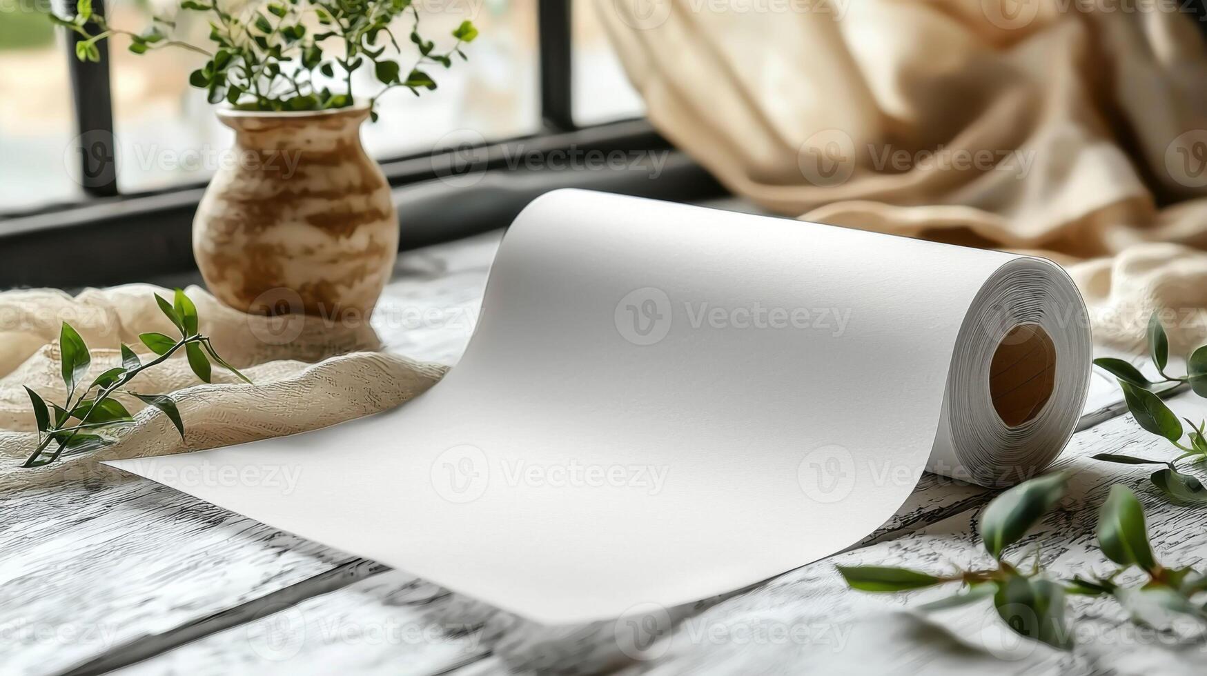 Blank paper roll on wooden table with greenery and soft fabric photo