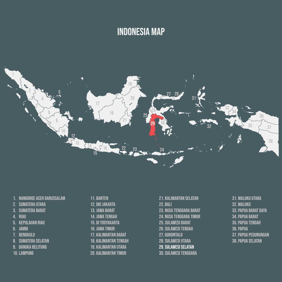 Indonesia Map with 38 Provinces - Sulawesi Selatan vector