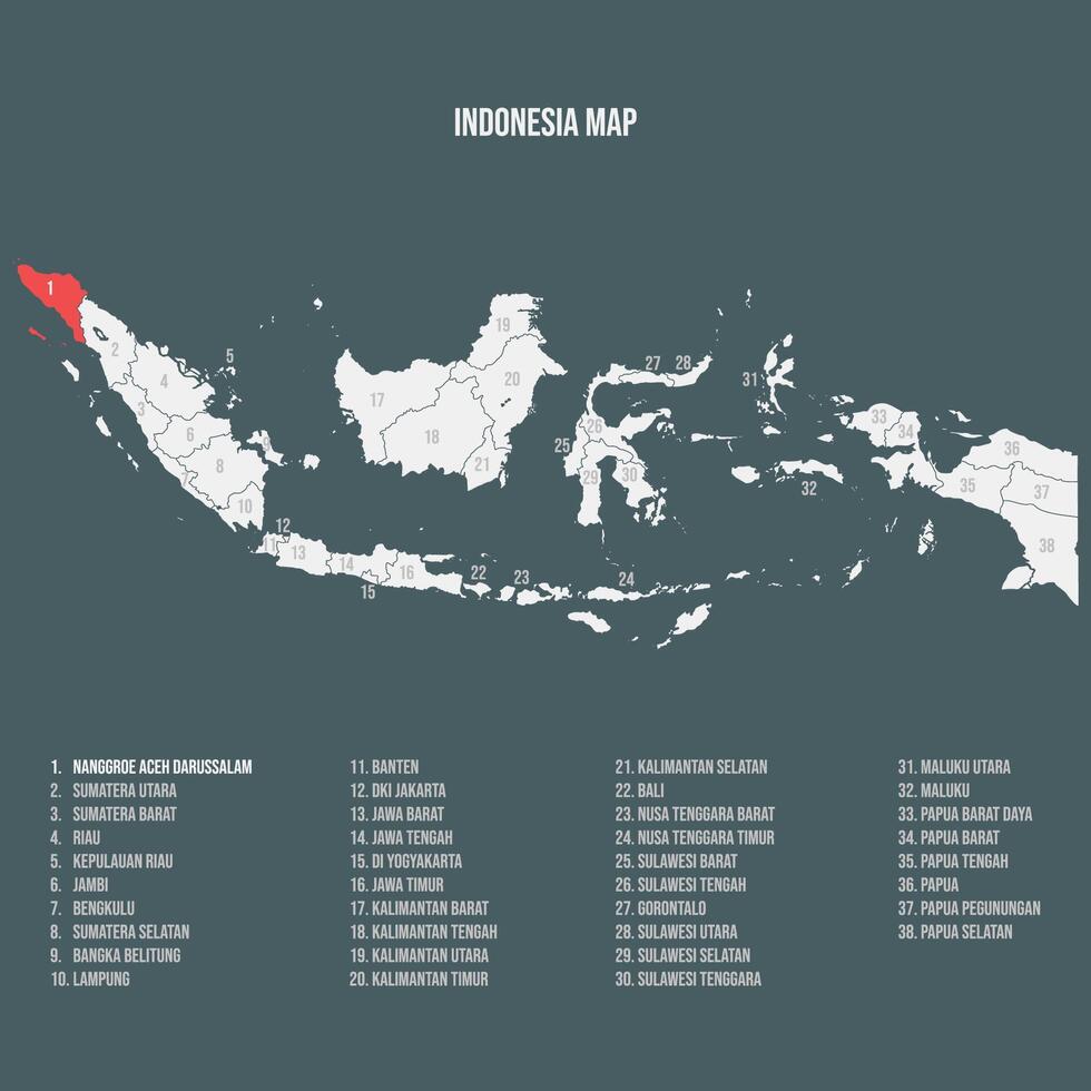 Indonesia Map with 38 Provinces - Aceh vector