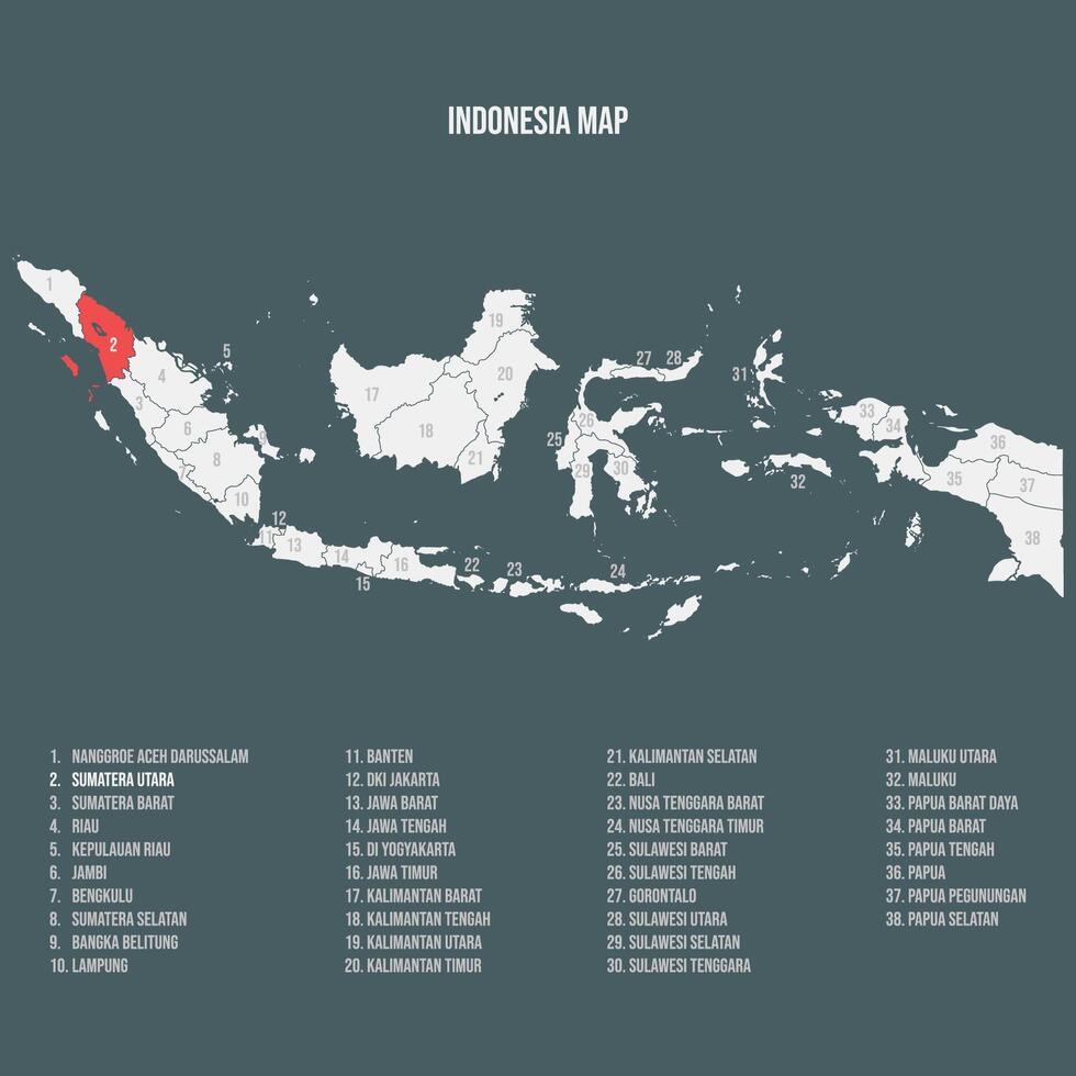 Indonesia Map with 38 Provinces - Sumatera Utara vector