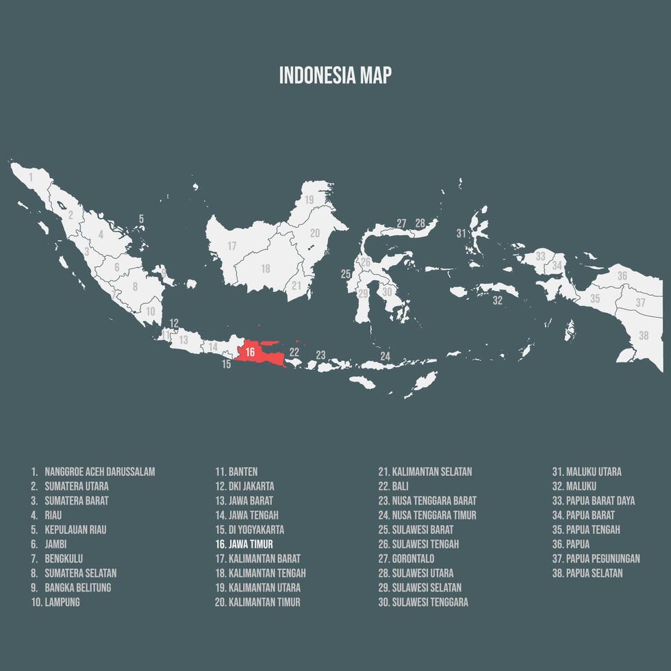 Indonesia Map with 38 Provinces - Jawa Timur vector