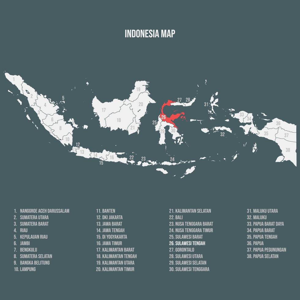 Indonesia Map with 38 Provinces - Sulawesi Tengah vector
