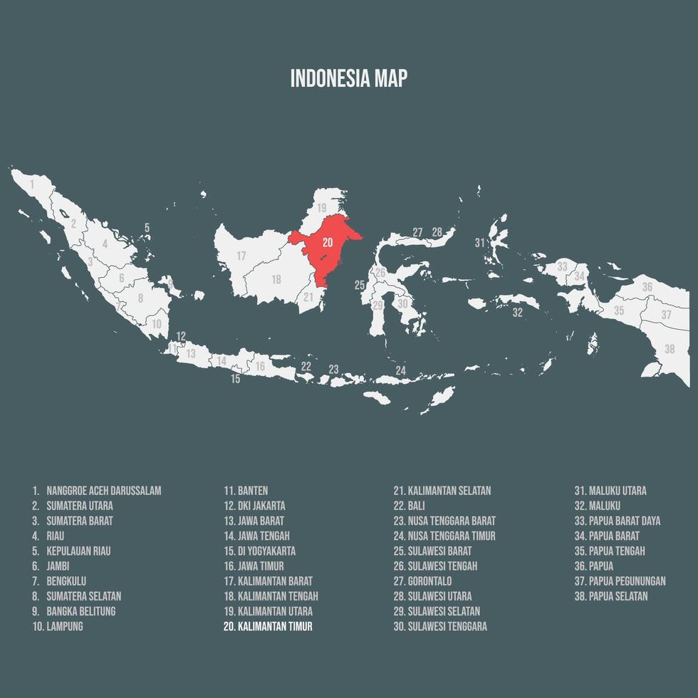 Indonesia Map with 38 Provinces - Kalimantan Timur vector