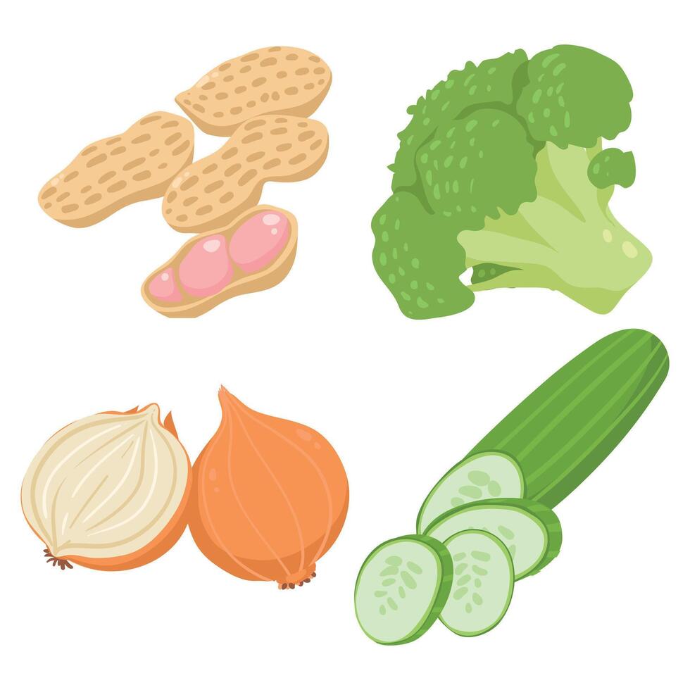 A Vegetable set. Cucumber, onion, garlic, eggplant, cucumber, broccoli, peas, pepper vector