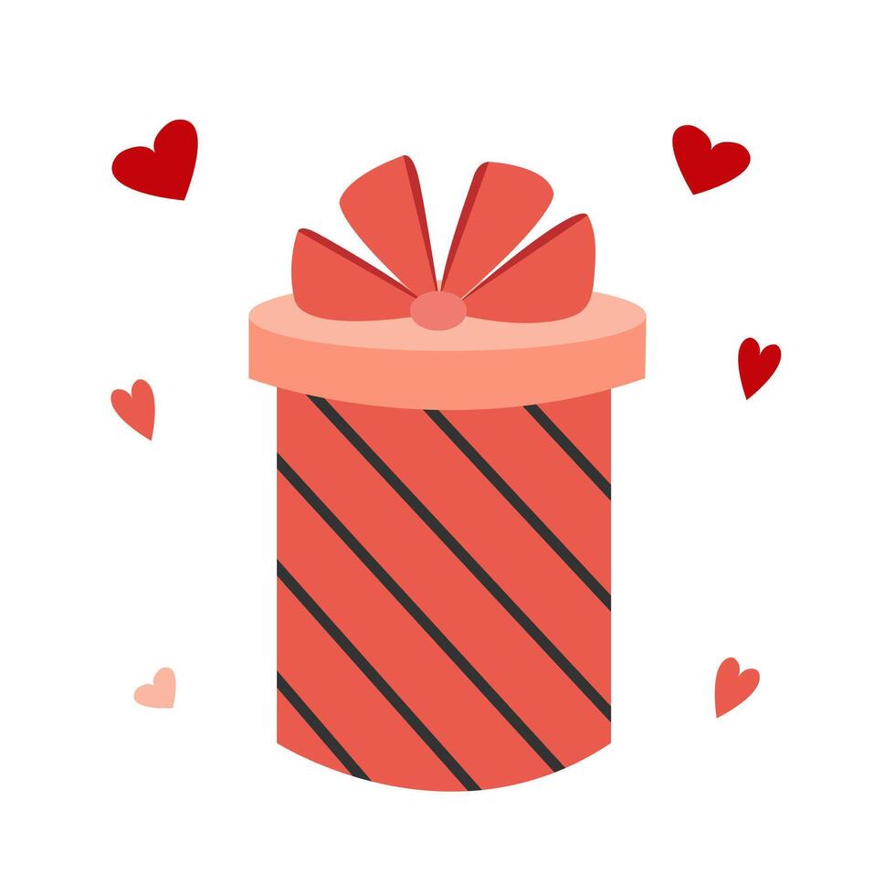 Flat gift box with bow and hearts on white background vector