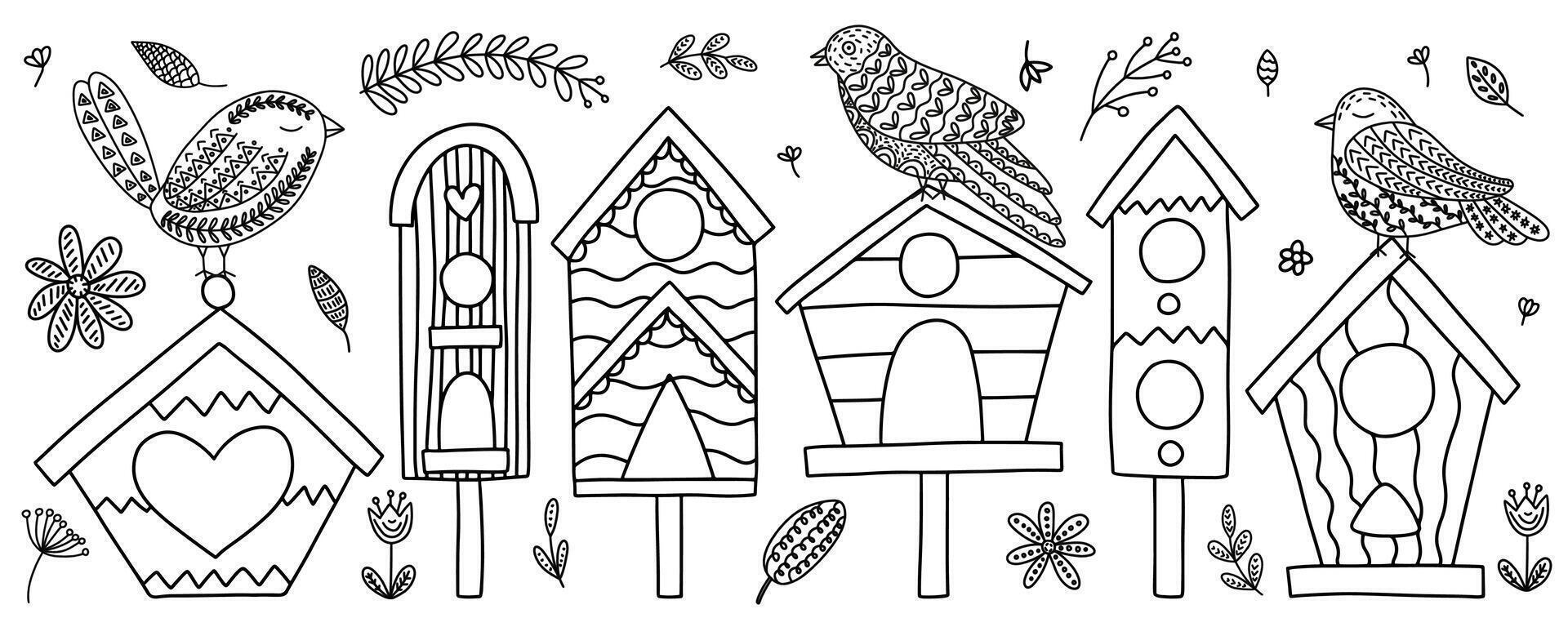 Bird houses hand drawn sketch set. Set of doodle birds and houses vector