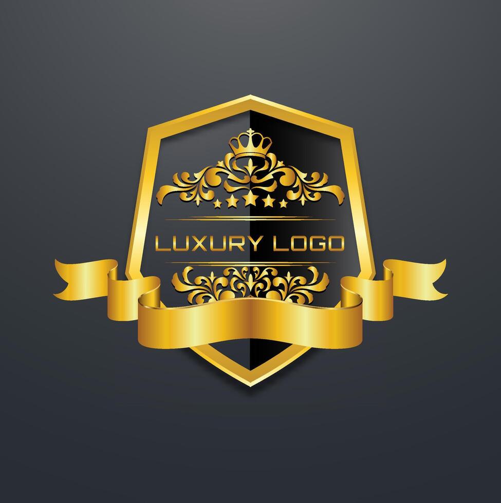 golden shield logo with ribbon and floral ornament vector