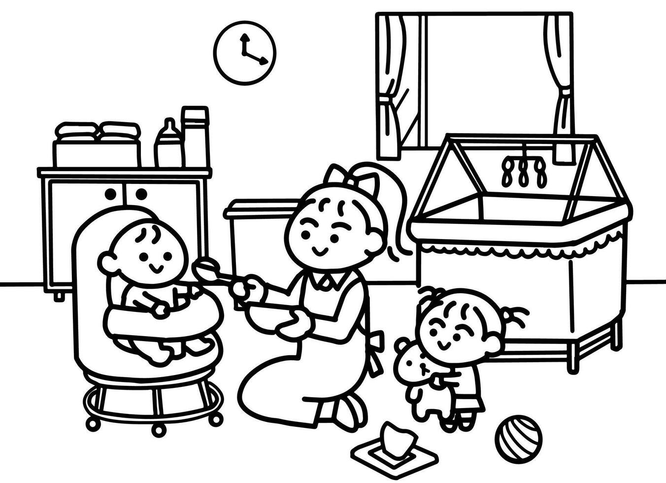 Mother feed food to baby coloring pages style. vector