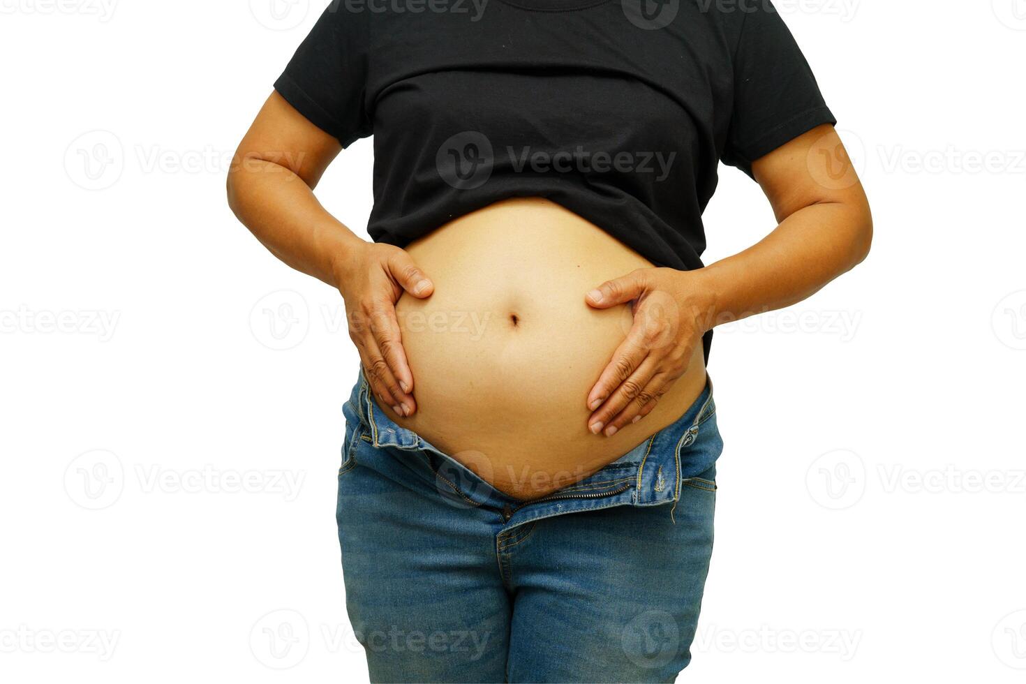 Asian woman show fat belly big size overweight and obesity isolated on white photo