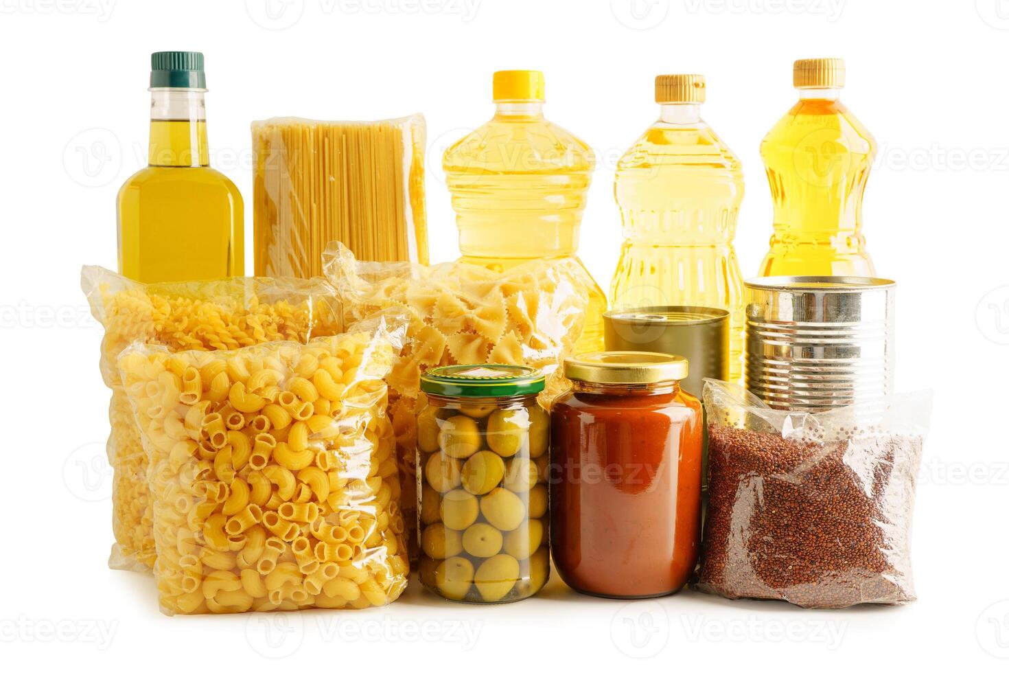 Foodstuffs in donation box isolated on white background with clipping path for volunteer to help photo