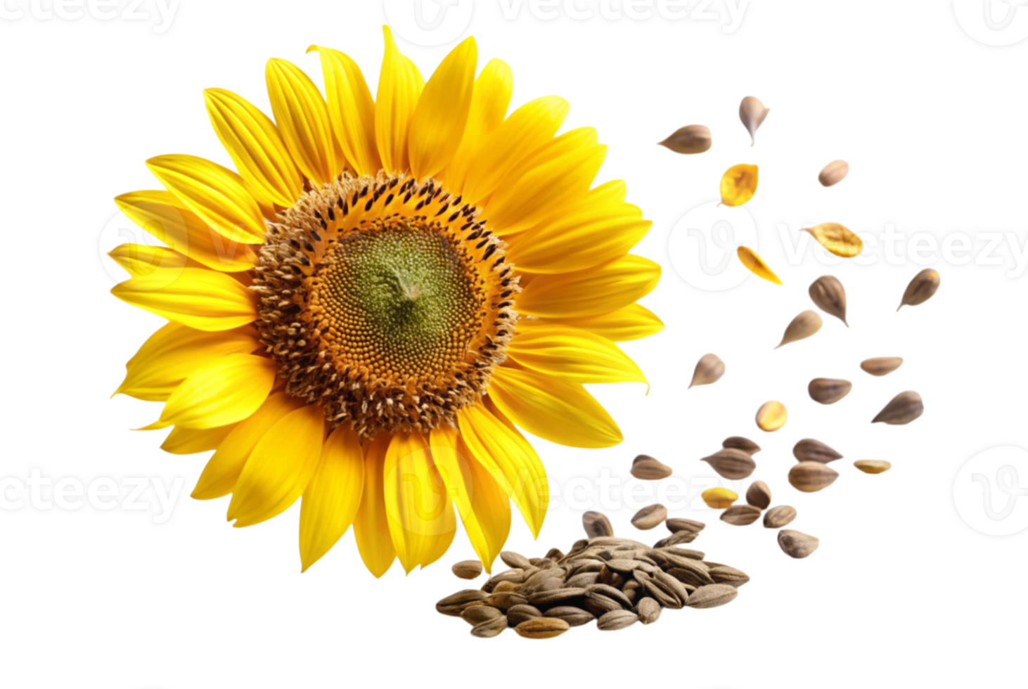 Flying sunflower with seeds on distant cloudy horizon png