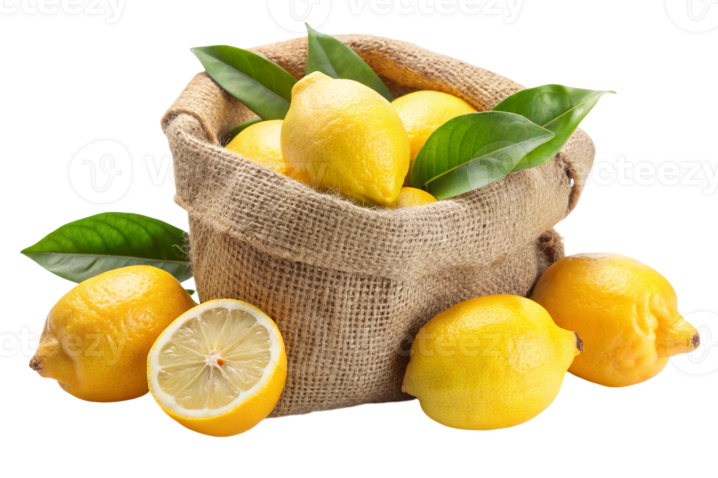 Fresh lemon fruits in a burlap sack cut out fresh zesty citrus fruits png