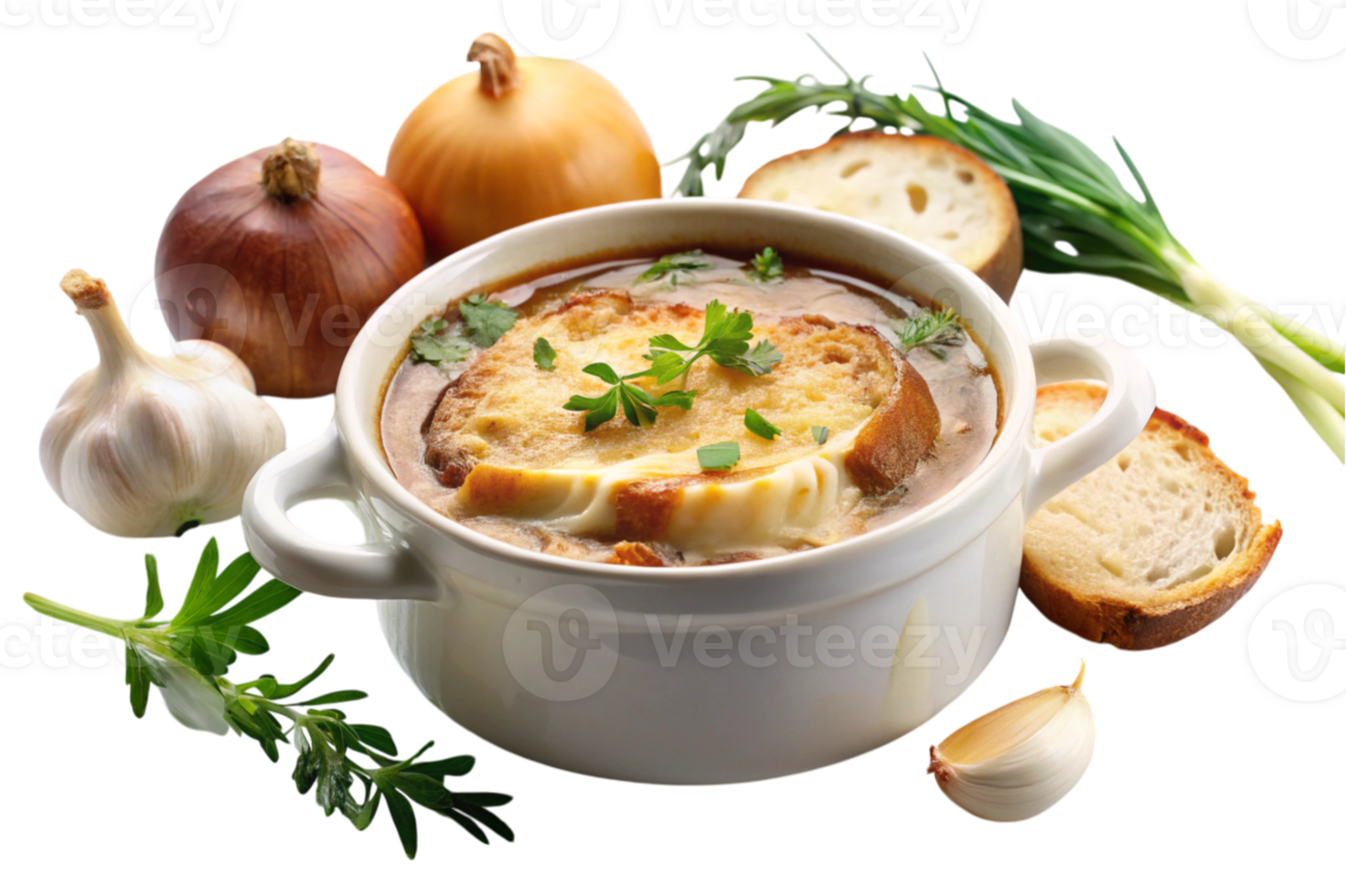 French onion soup with melted cheese png