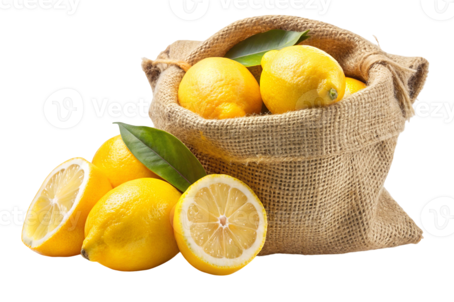 Fresh lemon fruits in a burlap sack cut out bright and fresh lemons png
