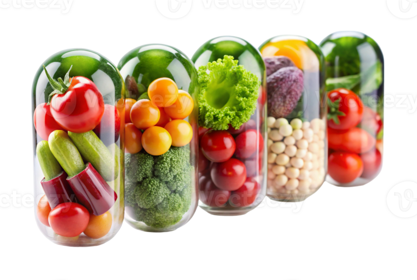 Fresh fruits and vegetables in mini baskets png