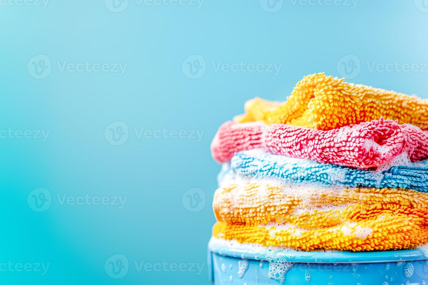 Vibrant, wet utility cloths in suds atop bucket on blue background photo