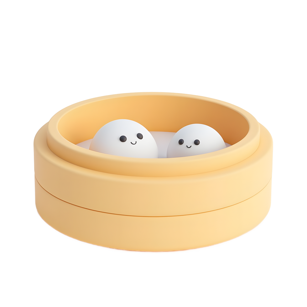 Adorable Cartoon Baozi in Steamer Basket 3D Render png