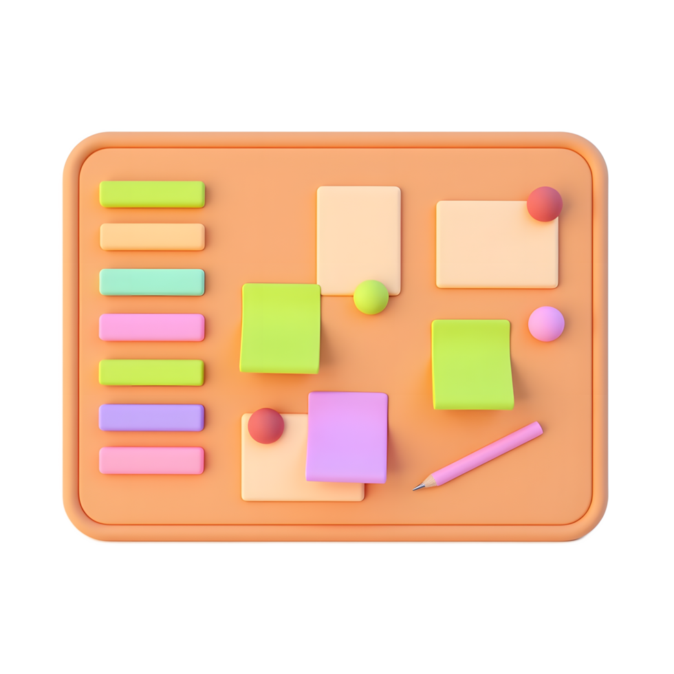 Colorful 3D Rendered Note Board with Sticky Notes and Pencil png