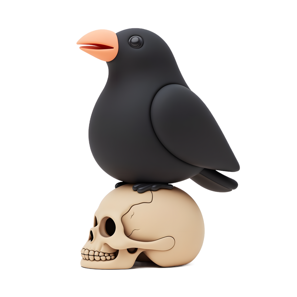 Black Bird Perched on Skull 3D Render Illustration png