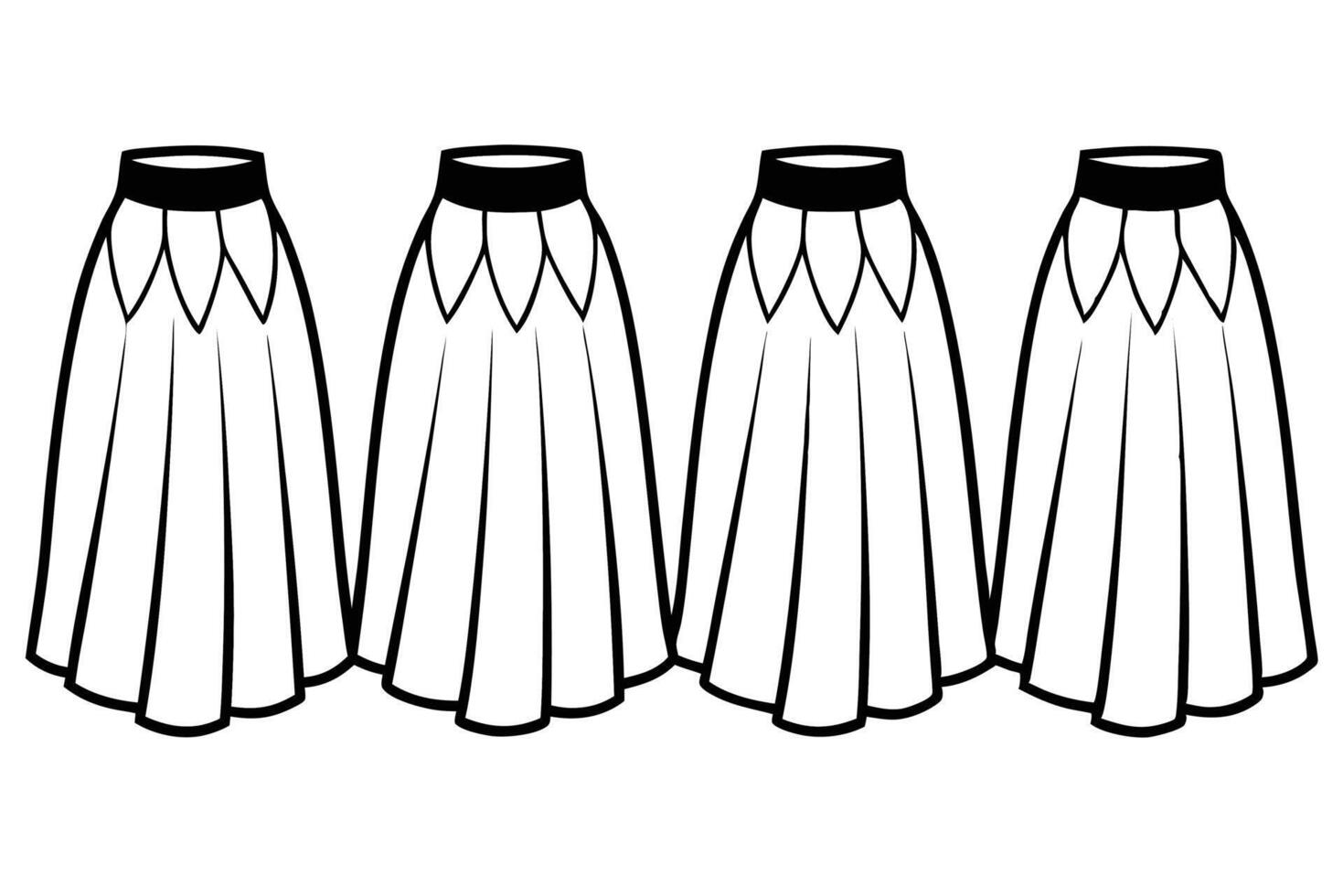 Four skirts are shown in black and white vector