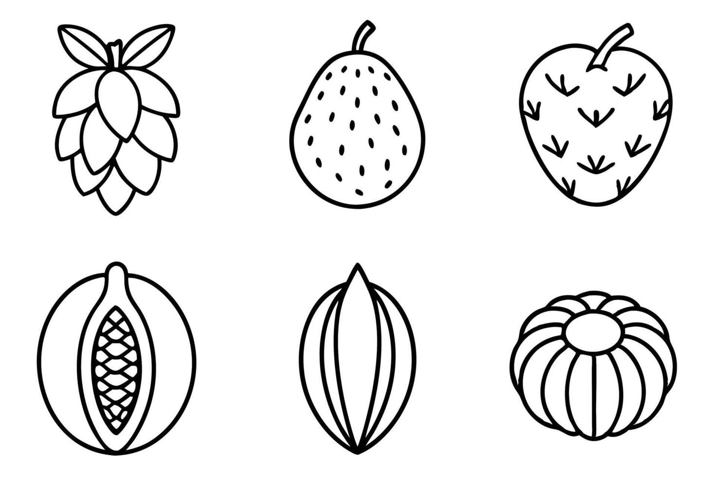 A set of fruit icons in a line drawing vector