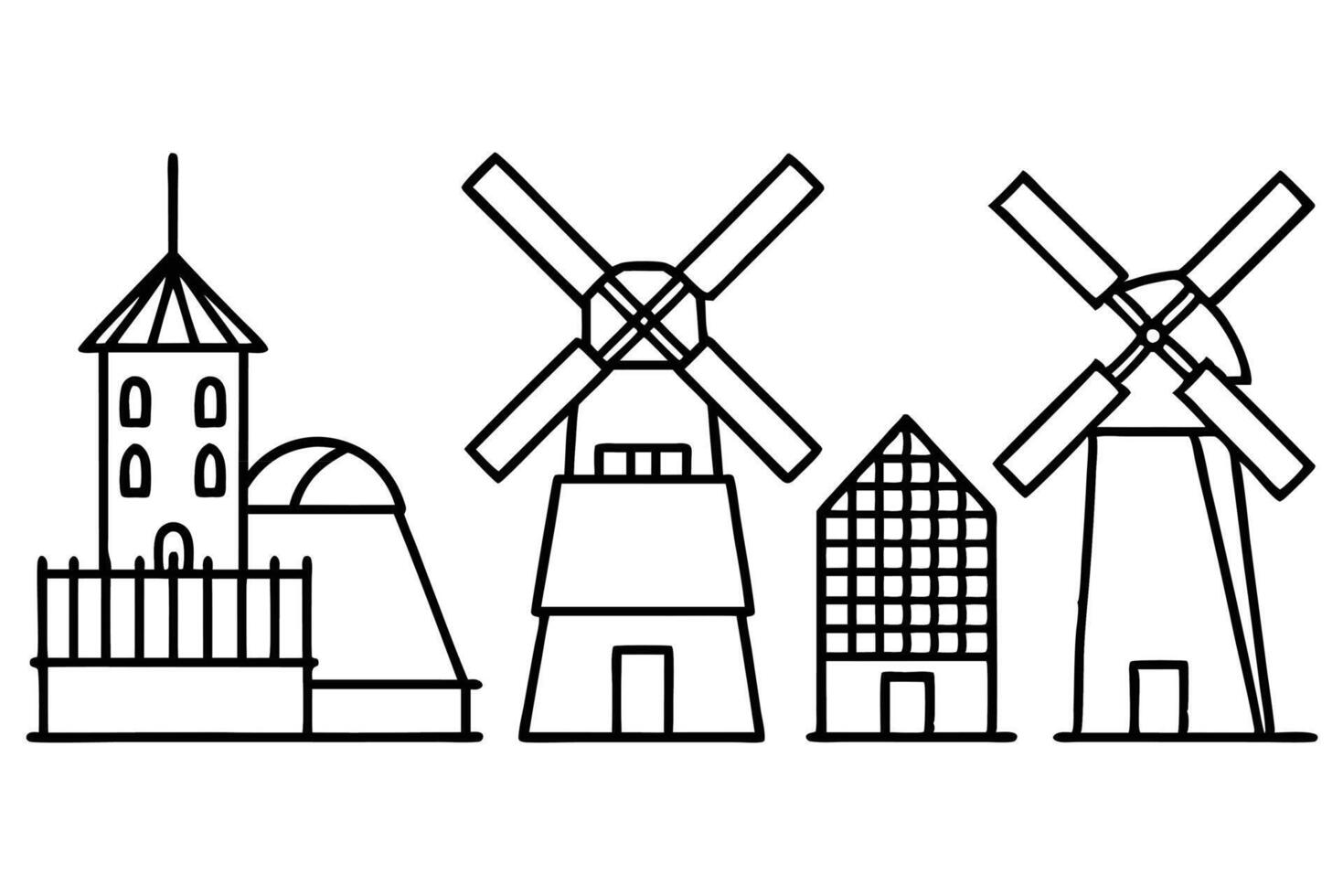 Windmills in the dutch countryside illustration vector