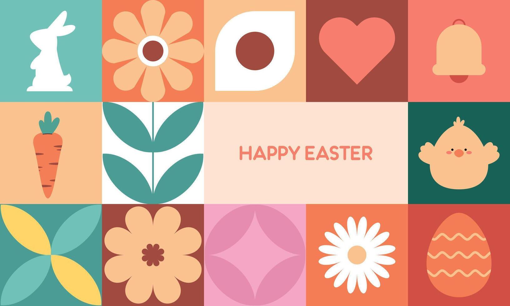 Trendy Minimalist Modern Colorful Easter Geometric Pattern with Easter Icons Flat Illustration. Design for Wrapping Paper, Background, Poster, Card, Packaging, Wallpaper, and Many More. vector