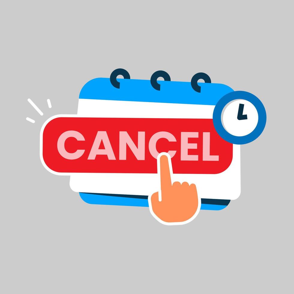 Flat illustration of a calendar, clock, and cancel button, representing easy subscription cancellation anytime or click to cancel. Suitable for UI design, business, and customer service concepts vector