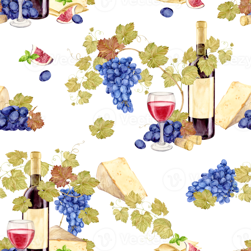 sömlös mönster med vin mellanmål och vinranka. årgång flaska, glas av röd vin, blå vindruvor, parmesan ost. vattenfärg retro illustration för meny eller vin lista design. png