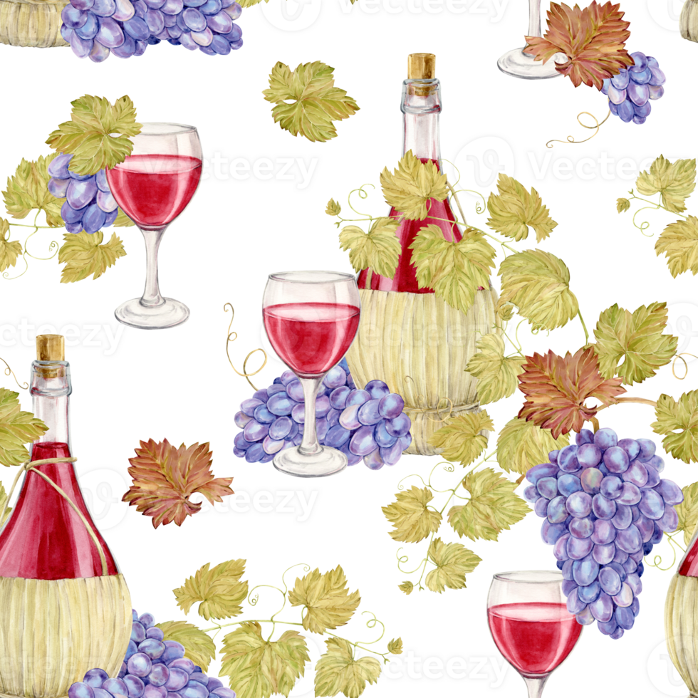 sömlös vattenfärg mönster. röd vin flaskor i en korg- korg och lila vindruvor. illustration av en kanna vävd från en sugrör stång och en glas av röd vin. bakgrund för de design av en vin lista. png