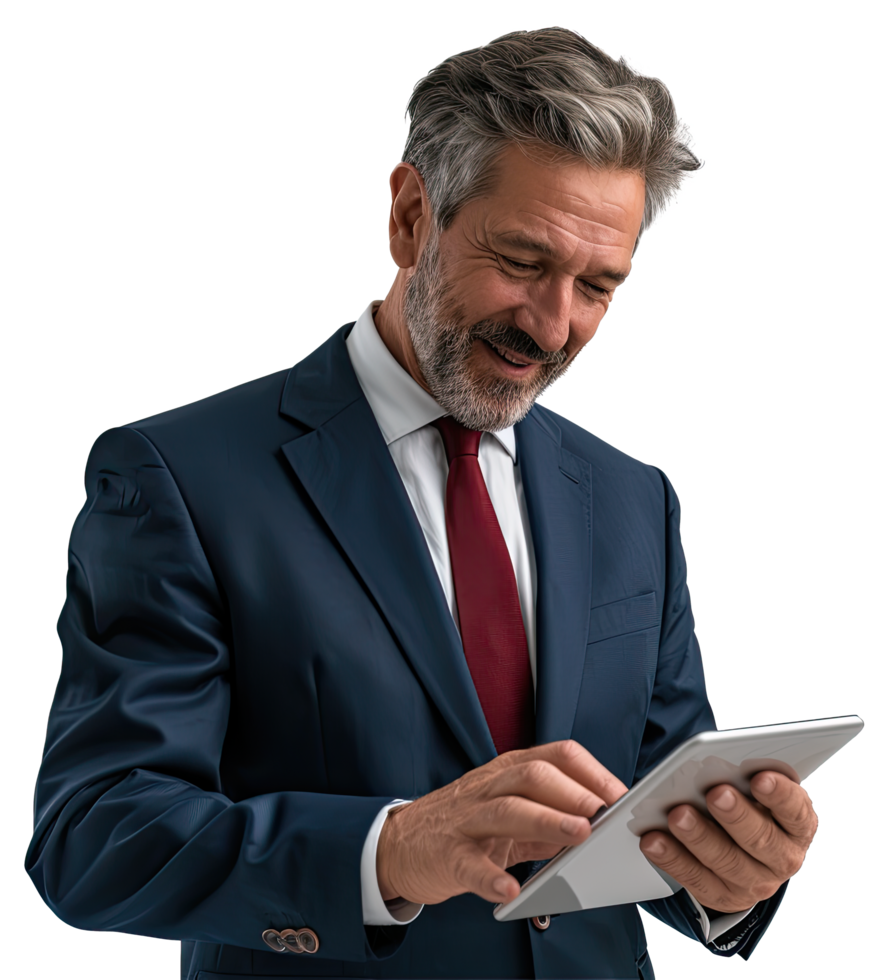 a man in a suit and tie is using a tablet png