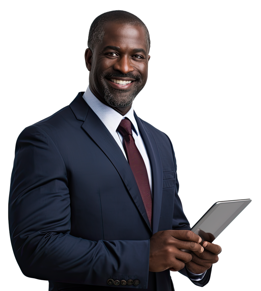 African american businessman in a suit holding a tablet png