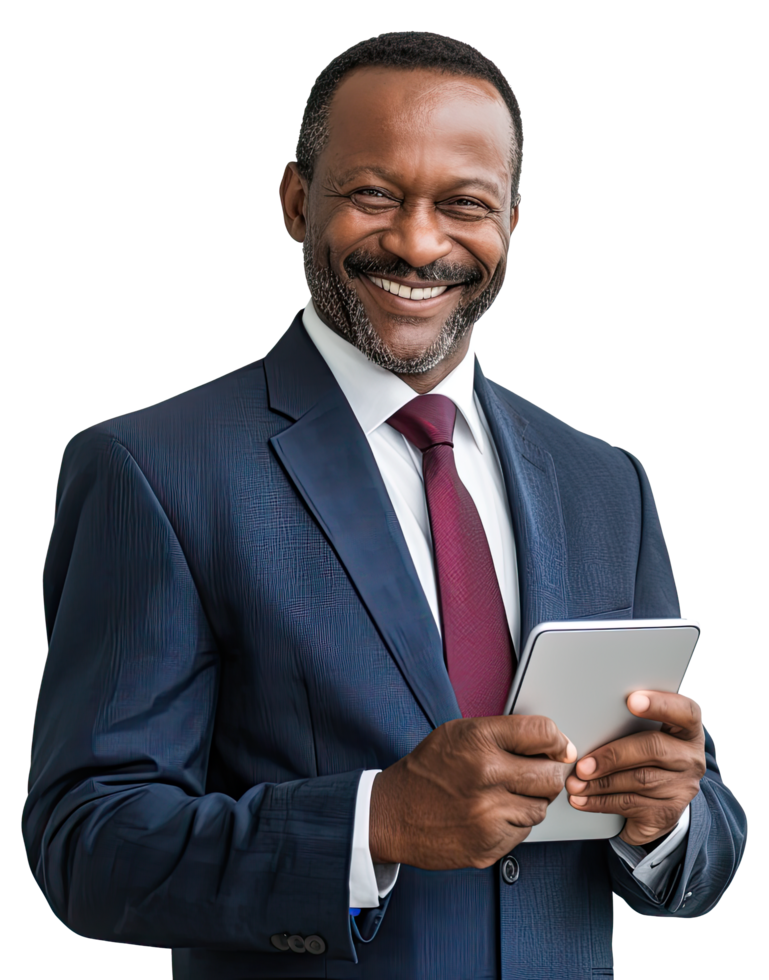 Portrait of african american businessman in a suit holding a tablet png