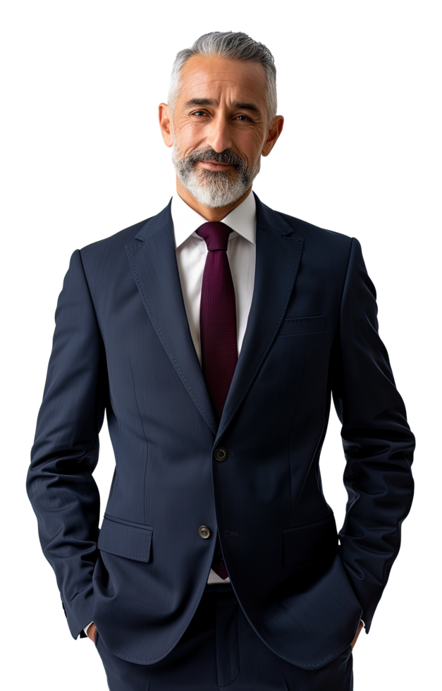 Portrait of man in a suit and tie standing with his hands on his hips png
