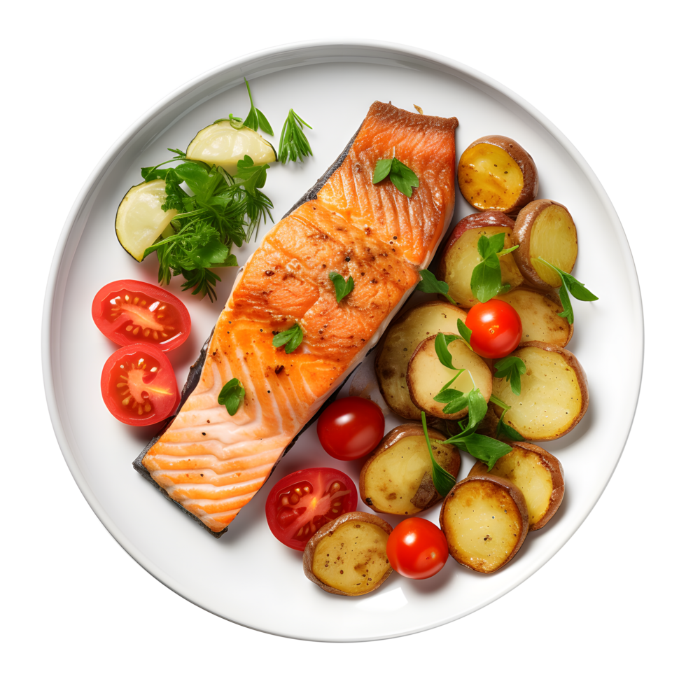 Top view plate with salmon steak png