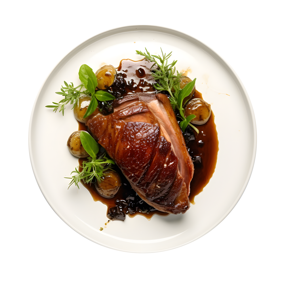 a plate with steak duck on it with sauce png