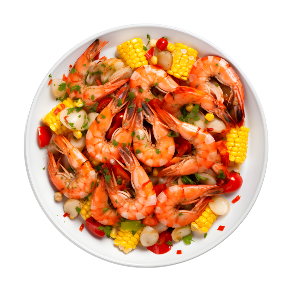 shrimp and corn salad on a plate with a white background png