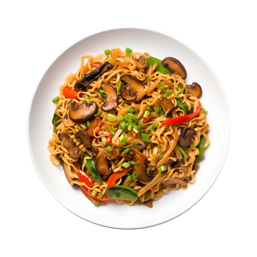chinese noodles with mushrooms and peppers on a plate png