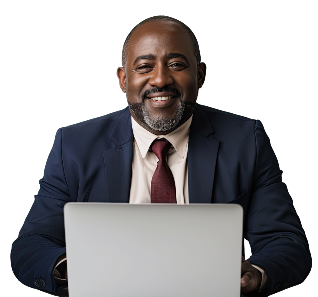 an african american man in a suit and tie is smiling while using a laptop png