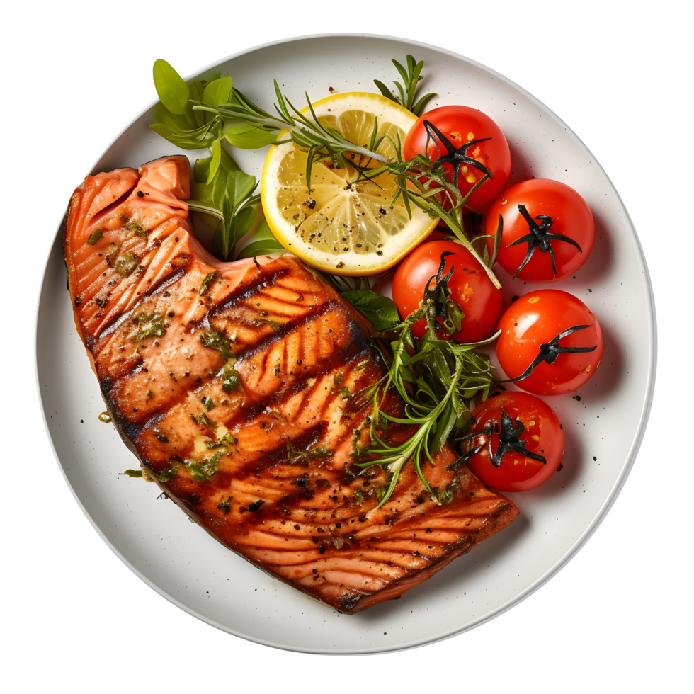 grilled salmon with tomatoes and herbs on a plate png