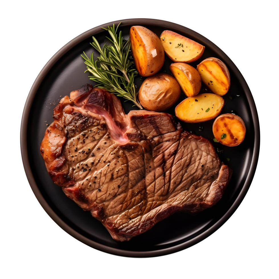 grilled Beef Steak with potatoes and rosemary on a plate png